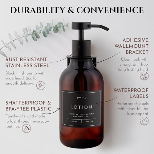 Shower Shampoo Dispenser Wall Mounted – Refillable 16.9 oz Amber Bottle with Stainless Steel Pump & No-Drill Adhesive Holder – Soap Dispenser for Bathroom (1 X Amber/Black) - image 5