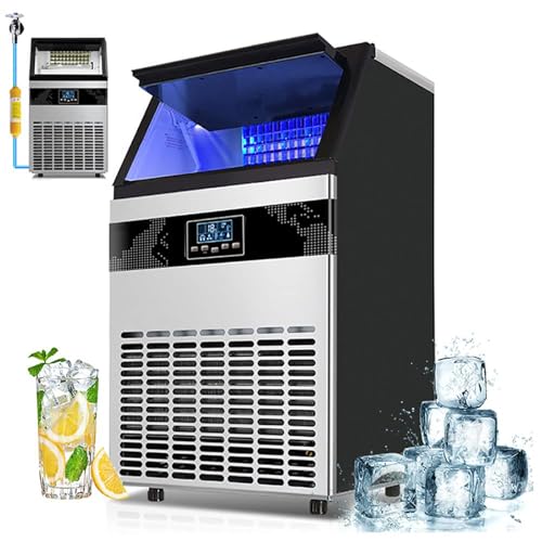 Máquina para fabricar hielo comercial: alta capacidad de 55 kg/24 h, 40 cubitos de hielo en 10-20 minutos, capacidad de almacenamiento de 15 kg, filtro de agua y pala para hielo integrados.,90kg