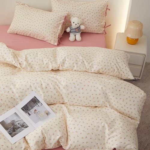 Image of LifeTB Botanical Floral Comforter Set King, Cute Colorful Flowers Pattern Cottagecore Comforter with 2 Bow Ties Pillowcases, Soft Lightweight Bedding Comforter for All Seasons Aesthetic Bedroom Decor