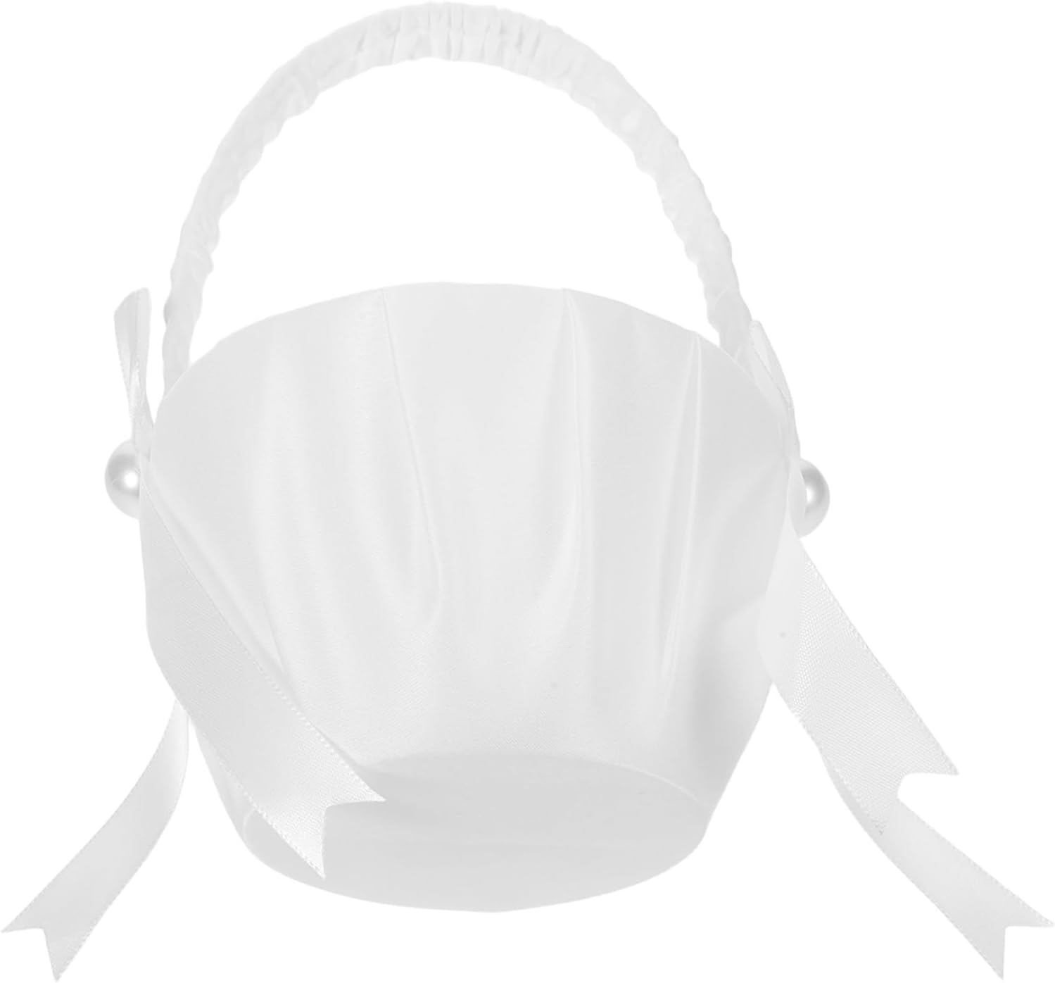 SAFIGLE 4pcs Wedding Flower Girl Basket, Satin Bowknot Pearl Decoration, Floral Petal Holder with Handle, Ideal for Ceremony, Party, Home Decoration, White
