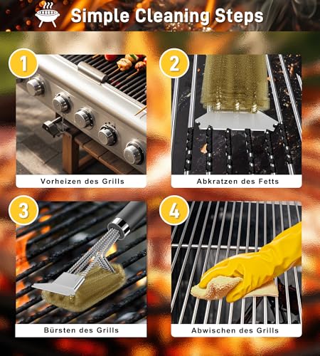 [2 Pack] Grillbürste Messing, TNTOR Grill Messingbürste mit Langer Borsten, Edelstahl Spatel und Extra Langer Wärmedämmung Griff, für Gasgrill, Holzkohlegrill, Kugelgrill, Elektrogrill und Grillrost. 6