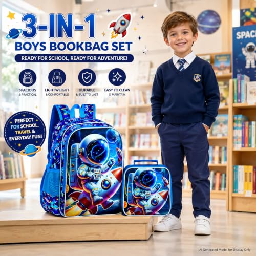 Image of HPJGD 3PCS Space Backpack for Boys, Water Resistant Kids Bookbag Set with Lunch Box, Cool School Bag for Preschool Toddler - Astronaut Riding Rocket