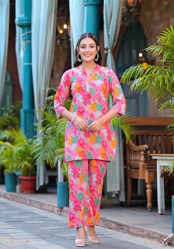 Image of Leriya Fashion Co Ord Set for Women Stylish | Ethnic Short Kurti for Women | Stylish Summer Printed Cotton Kurta Sets for Woman | A-Line Dress for Woman | 3 /4 Sleeve Top with Relaxed Fit Pant