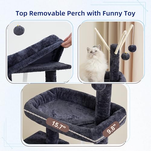 Image of Gitelsnour Cat Tree Tower for Indoor Cats, Top Platform with Toy, GCT006SG | 49.2 inch Cat Condo House, Sturdy Base, Scratching Post & Board, 3 Balls, Hanging Basket, Small Cats and Kittens, Drak Gray