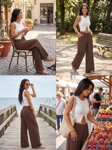 Image of GRECIILOOKS Beige Wide Leg Linen Trousers for Women | High Waist Cotton Baggy Korean Style Casual Pants | Comfortable Formal & Casual Women Trousers