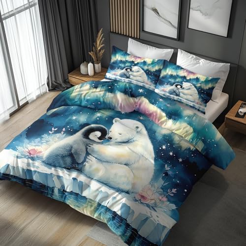Housse De Couette Pingouin 140x200 Adulte Enfant Motif Ours Polaire étoile Fleur Parure De Lit 140x200 1 Person avec Fermeture éclair, 1 Taie D'oreiller,...