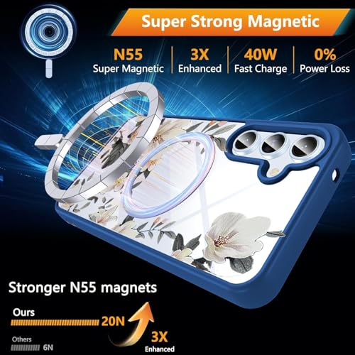 Image of VONZEE Compatible with Samsung Galaxy S25 FE 5G Case Luxury Retro Flowers Floral Clear for Magnetic Wireless Charging Case Shockproof PC+TPU Cute Glossy Shiny Cover for Girls Women, Blue