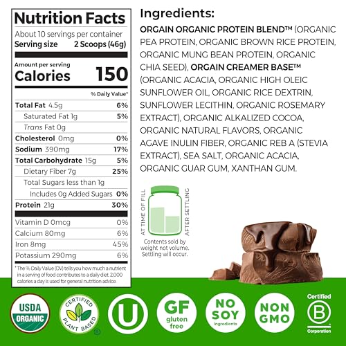 Image of Orgain Organic Vegan Protein Powder, Creamy Chocolate Fudge - 21g Plant Protein, 7g Prebiotic Fiber, Low Net Carb, No Lactose Ingredients, No Added Sugar, Non-GMO, For Shakes & Smoothies, 1.02 lb