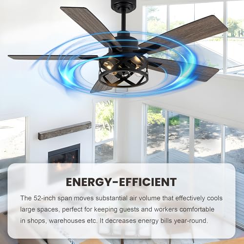 Image of Dawn Whisper 52 Inch Farmhouse Ceiling Fans with Lights and Remote Quiet and Reversible DC Motor Black Industrial Rustic Caged Ceiling Fan for Bedroom Living Room Covered Patio
