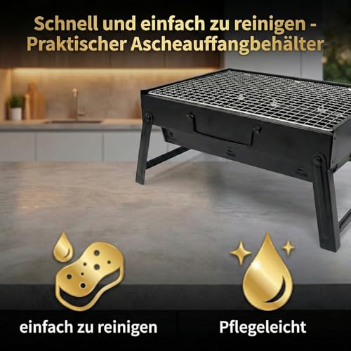 Komplettes BBQ-Koffergrillset – Tragbarer Holzkohlegrill mit Aschebehälter, Kokosbriketts, Anzündern, Einwegbesteck & Zubehör – Alles-in-einem Set für Garten, Balkon, Camping, Picknick & Festivals