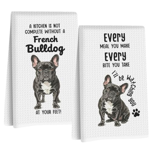 Image of 2 Pcs French Bulldog Kitchen Towels 24x14 Inch, Funny Frenchie Reusable Dish Towels for Kitchen Bathroom Decor, Waffle Weave Hand Cloth Tea Towel, French Bulldog Gifts for Women Girls Friend
