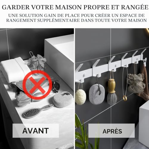 Sarsumir Porte Manteau Mural Patere Murale, Crochet Salle De Bain Avec 6 Crochets Pour Suspendre Sac à Dos, Veste, Chapeau, Porte Manteau Pour Porte - Blanc – vue 5