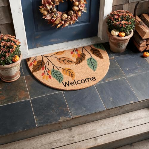 Image of Encasa XO Half Round Welcome Leaf Coir Doormat, Non-Slip Doormat 45x75 cm