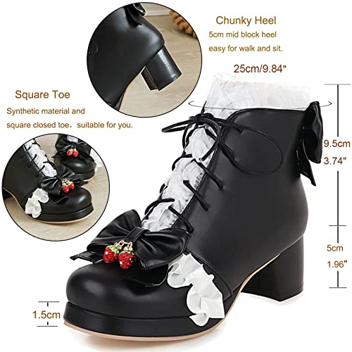 KysBloes Women Back Bow Ankle Boots Sweet Lace Up Chunky Heeled Booties Platform Cute Lace Winter Boots2