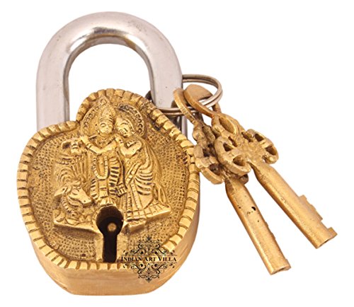 Image of Indian Art Villa Handmade Old Vintage Style Antique Radha Krishna Ji Design Brass Security Lock with 2 Keys Om Design on Back|Home Temple Office