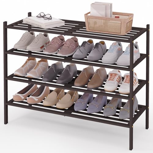 Image of Smiry Bamboo Shoe Rack, 5 Horizontal Slats, 4 Tier - 33.9 inch Wide, Brown