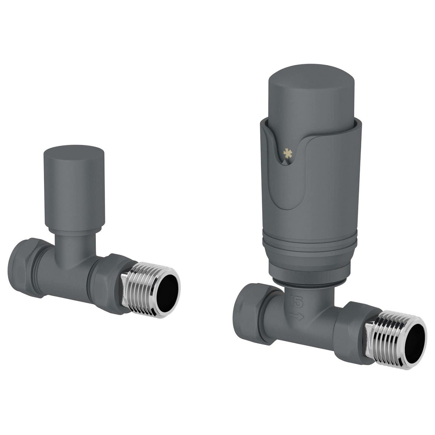 Duratherm Anthracite Duratherm® Thermostatic Radiator Valve Pack Set, 15Mm Lockshield Trv & Thermostat, Grey Valves For Radiators, Straight