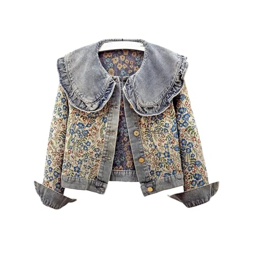 Women's Long-Sleeved Denim Jacket with a Sweet Peter Pan Collar, a Jacquard Design, and Front Pockets