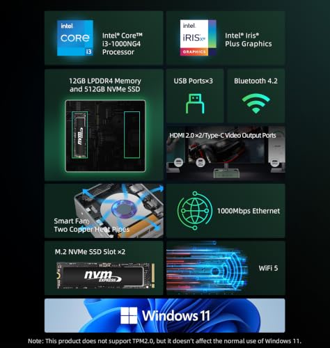 Image of Bmax Mini PC B6 Plus, Intel Core i3-1000NG4 (Up to 3.2GHz), 12GB LPDDR4 RAM 512GB NVMe SSD, Win 11 Pro, 4K Triple Display (Dual HDMI+Type-C), Silent Mini Desktop for Home Office HTPC, Wi-Fi 5, BT 4.2