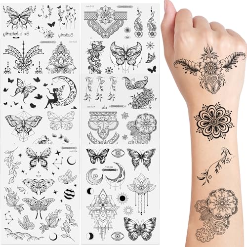 10 Feuilles Tatouage Temporaire Adulte Noir, Faux Tatouages, Mandala Tatouages Éphémères, Tattoo...