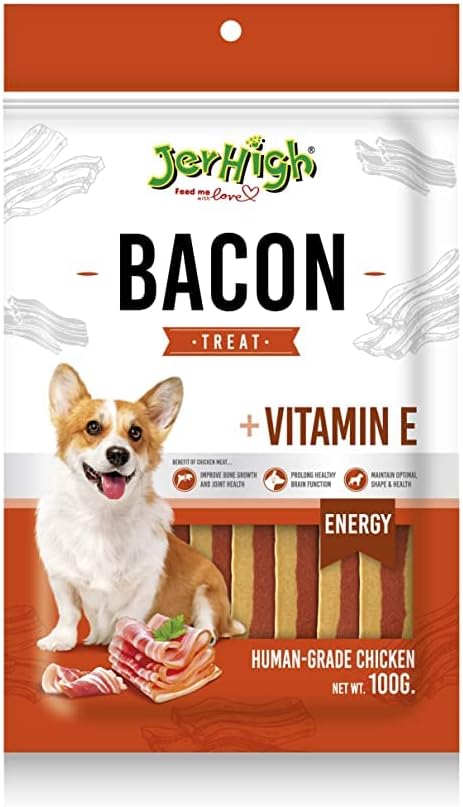 JerHigh Human Grade High Protein Chicken Stick, Fully Digestible Dog Training Treats - Free from by-Products & Gluten, Bacon for All Life Stages,100gm (2 X 100g) Sold by MS Traders