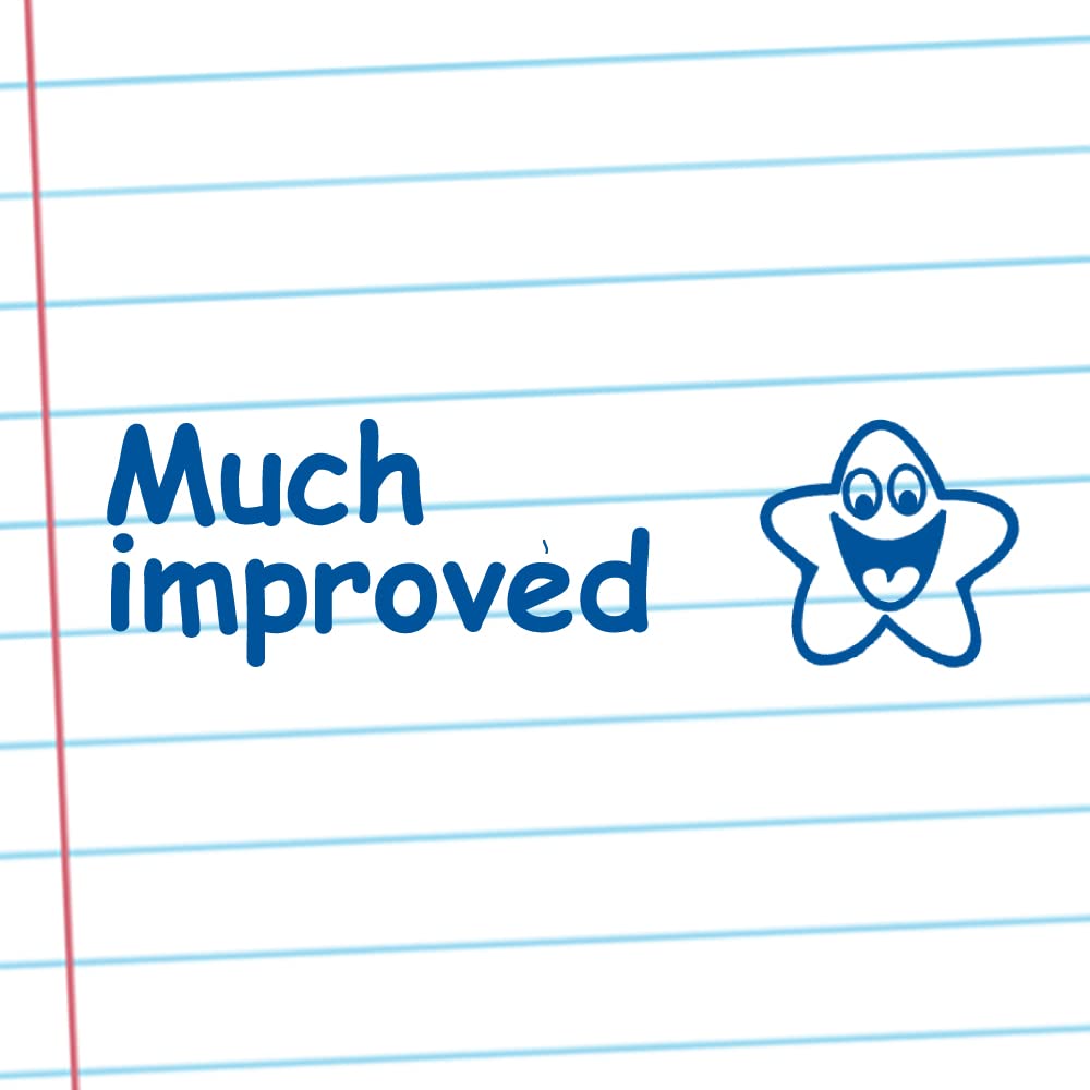 Classroom Capers Blue Much Improved Teacher Stamp. Self-Inking, 12X33mm Image, Stamper For Teacher Marking And Feedback. Ink.