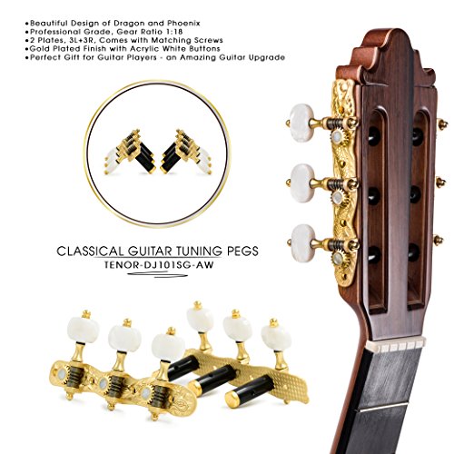 DJ101SG-AW TENOR Classical Guitar Tuners"Dragon and Phoenix" Professional Tuning Key Pegs/Machine Heads for Classical or Flamenco Guitar with Semi Gold Finish and White Buttons. - Thumbnail 2