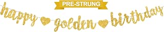 Glitter Gold Happy Golden Birthday Banner,NO DIY Gold Glittery Themed Party Supplies Decorations,Golden Birthday Garland Sign Backdrop for Women Men