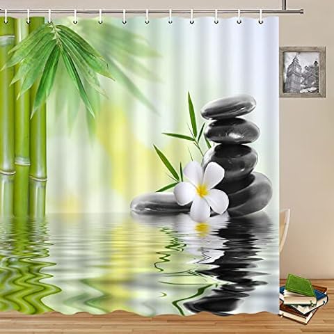 Lileihao Zen Garden Shower Curtain Spa Green Bamboo Black Stone White Flower Bathroom Decor Supplies Waterproof Shower Curtains Sets Machine Washable Polyester Fabric 69 x 70 Inch with Hooks Cover