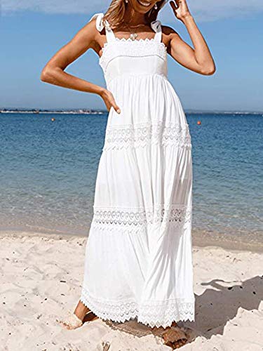 Women Mesh Dresses Sleeveless Casual Lace Long Dress Summer Backless Loose Beach Sundress (Color : White, Size : L.)2