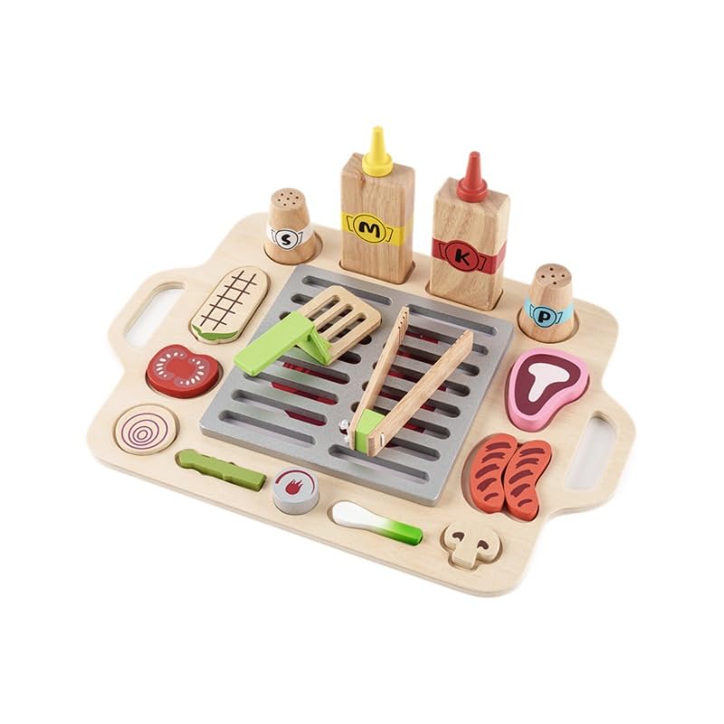 Wooden Kitchen Sets for Kids,Pretend Cooking Food Playset-BBQ Grill Toy with Food & Kitchen Toy Accessories,Wooden Play Food Barbecue Toys for 3 4 5 6 Year Old Boys&Girls,Pretend Playset for Kids 3-5