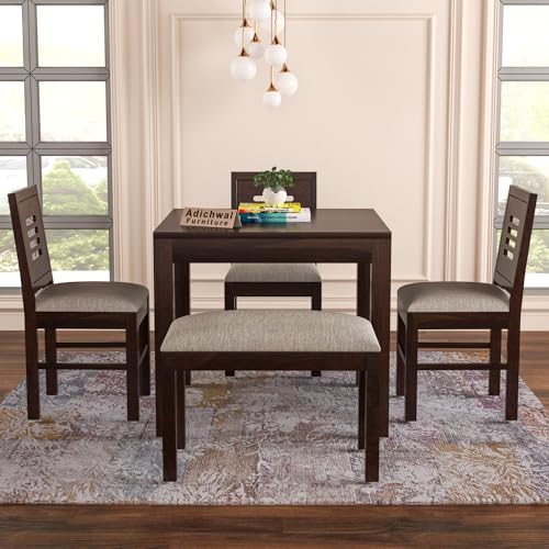 Image of Solid Sheesham Wood 3 Chair with1 Bench Dining Set with Cushioned Chairs for Dining Room | Living Room | Home & Office | Hotels Restaurant (4 Seater with Bench, Walnut)
