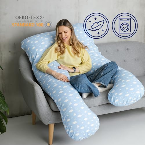 Cojín cómodo original – Almohada ortopédica premium | almohada corporal | almohada para dormir de lado – para un mejor sueño y contra las quejas de espalda, 100 x 150 cm (nubes – algodón)