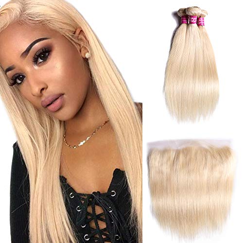 Sdamey Hair 613 Bundles With Frontal Blonde Brazilain Straight Hair 3 Bundles With Frontal Closure 100% Virgin Human Hair 13x4 Ear To Ear Lace Frontal With Bundles For Black Women (121212+10) …