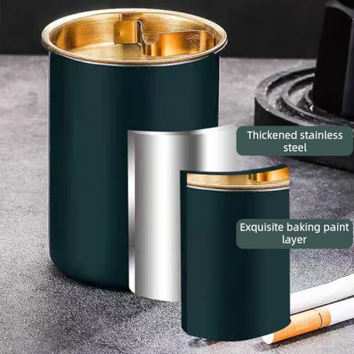 Image of HASTHIP Stainless Steel Green Ashtray, Funnel Lid for Table & Cup Holder | Helps Reduce Ash Scattering, Funnel Opening Supports Cleaner Disposal, Durable Steel Build, Tabletop or Vehicle Placement