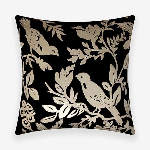 Image of Birds Designer Velvet Cushion Cover | Decorative Cushion Cover | Modern & Trendy | for Sofa Chair Bedroom | Set of 1 (16 x 16 Inch, Black & Biege)