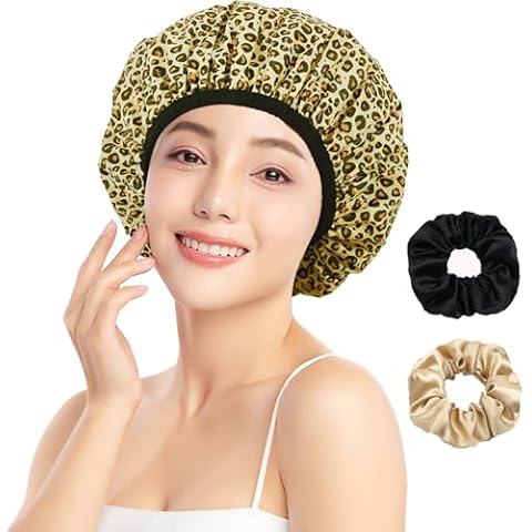 Shower Cap for Women, Shower Caps for Women Reusable Waterproof, Satin Lined Shower Cap, Hair Cap for Shower, Large Plastic Double Layers Bath Caps for Curly Hair Braids Cover