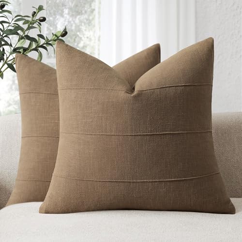 ZWJD Housses de Coussin en Lin Naturel 40x40 Lot de 2, Taie Oreiller Souples Couleur Marron Coco, Coussins Unis à Motif Rayé pour Canapé, Lit, Salon, Coussins Décoratifs Modernes