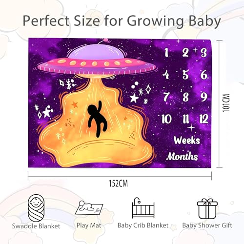 Image of UFO Baby Monthly Milestone Blanket, 60x40in Soft Flannel, Alien Round Spaceship, Newborn Mom Gifts, Baby Shower Age Growth Tracker with Bonus Maker (Purple Pink, 60x40in)