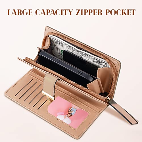 Image of Sweet Cute Chocolate Women's Long Leaf Bifold Wallet Leather Card Holder Purse Zipper Buckle Elegant Clutch Wallet Handbag for Women - Khaki