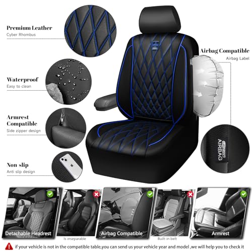 Image of CAR PASS Piping Luxury PU Leather Two Front Car Seat Covers,Waterproof Anti- Slip Seat Covers Compatible with Front Seat Armrests,Universal Fit for Suvs,Vans,Trucks,Airbag Compatible(Black and Blue)