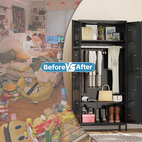 Image of Aobabo 2 Door Metal Wardrobe Cabinet with Hanging Rod, Metal Wardrobe Closet with 2 Adjustable Shelves, Storage Lockers for Home,Office,Installation Required, Black