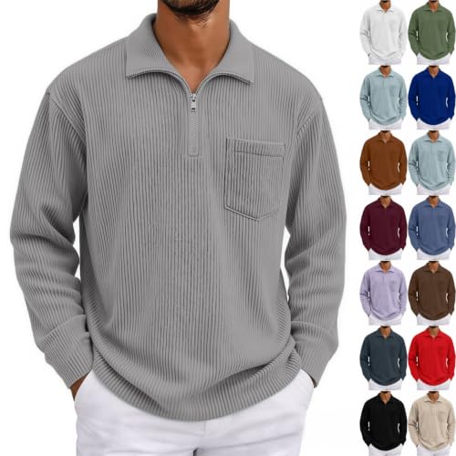 Mens Quarter Zip Corduroy Long Sleeve Polo Shirt Pullover Fall - image 1
