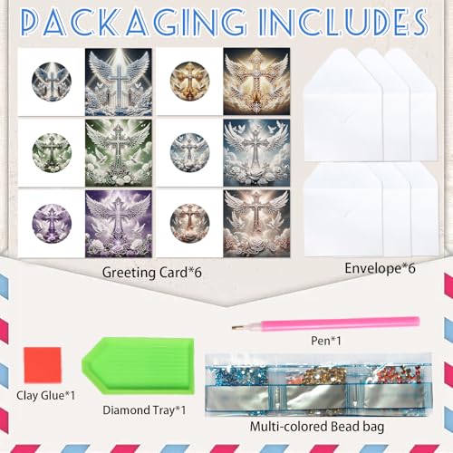 Image of 6 Pack Diamond Painting Greeting Cards with Envelopes, DIY 5D Diamond Art Card Kit Winged Cross Designs, 30x15cm Handmade Religious Cards Crafts for Spiritual Blessings and Faithful Greetings