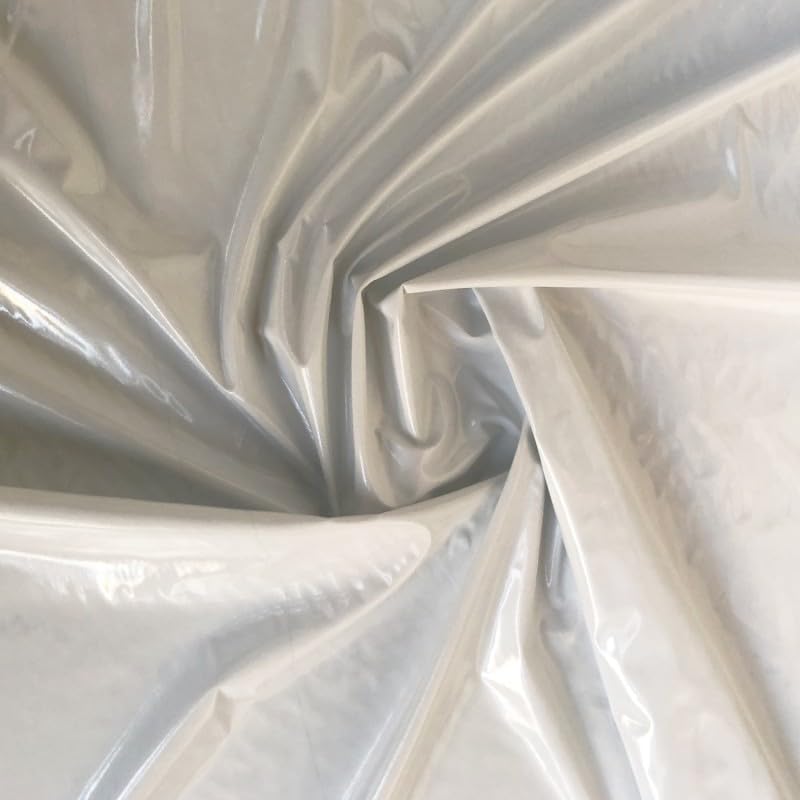 EU Fabrics Glossy Shiny PVC Fabric | Water Resistant Spandex Upholstery Fabric for Sewing | Elastane PVC Leggings for Clothing, Costumes and Stage Wear | Stretch Cat Suit (White, 1 Metre x 138cm)