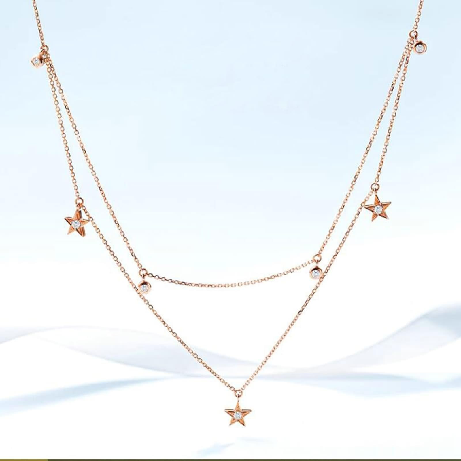 Collar con colgante, collar de cadena para mujer, estrella de doble capa con diamante de 0,14 quilates, oro rosa de 9/14/18 quilates, 45 cm