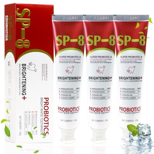Puasok 3 Pezzi SP-8 Dentifricio Probiotico, Dentifricio Sbiancante Naturale, Protezione Gengive e Alito Fresco, Pulizia Profonda, 120g per Tubo
