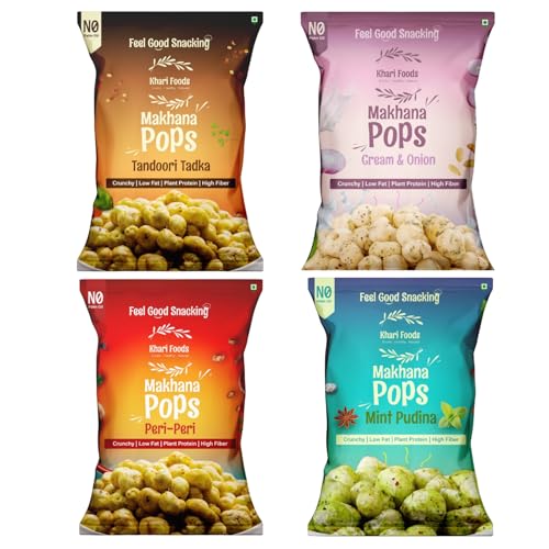 Image of Khari Foods Premium Flavoured Makhana, 4 Flavours Combo, Crunchy & Roasted Makhana Pops, Protein Source, Fibre Rich, No Palm Oil, Gluten Free (25g x 4)