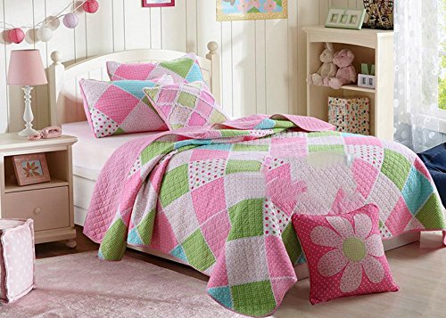 Beddingleer Coton à lit bébé Kids Girls Pink Polka Dot Stripe Floral Quilt Set Twin Size réversible Ensemble de literie 2 pièces Set 170 × 215 cm Cover