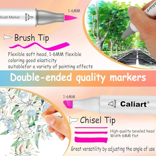 Image of Caliart Alcohol Markers 61 Colors Pastel Chisel & Brush Tip Art Markers | Non-Toxic Permanent Pens for Adults Coloring Book Beginners Sketch Illustration Painting Drawing School Supplies Art Gifts
